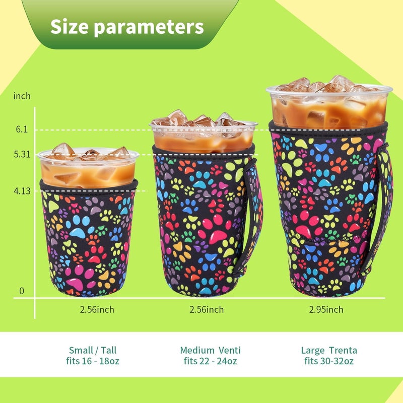 Snowso 3 Pack Iced Coffee sleeve Insulated Neoprene Cup Sleeves with handle For Cold Drinks Beverages, Reusable Cup Holder for 16oz-32oz Coffee Cups (Paw Prints) - Image 2